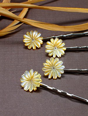 Flora - Hairpins - Carved Mum Mother of Pearl Flowers Gold LIMITED EDITION