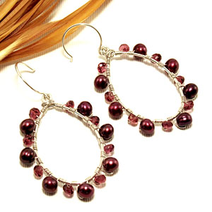 Earrings - Cranberry Pearls and Garnet Wrapped Oval Hoops