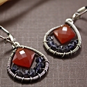 Red-Orange Chalcedony & Iolite Teardrop Earrings