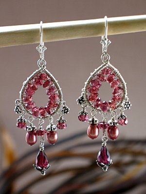 Chandelier Wrap - Rhodolite Garnet, Pearls and Bali Earrings
