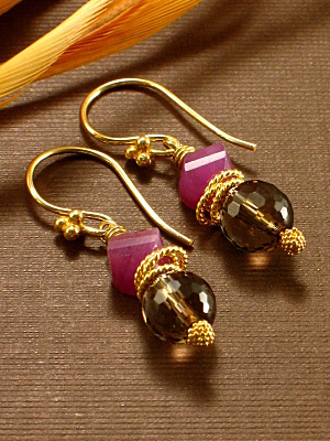 Ruby and Smoky Quartz Disco Earrings